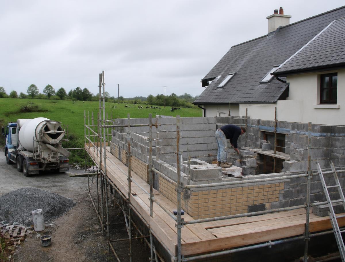 Builder working on blockwork for a house extension in rural Ireland
