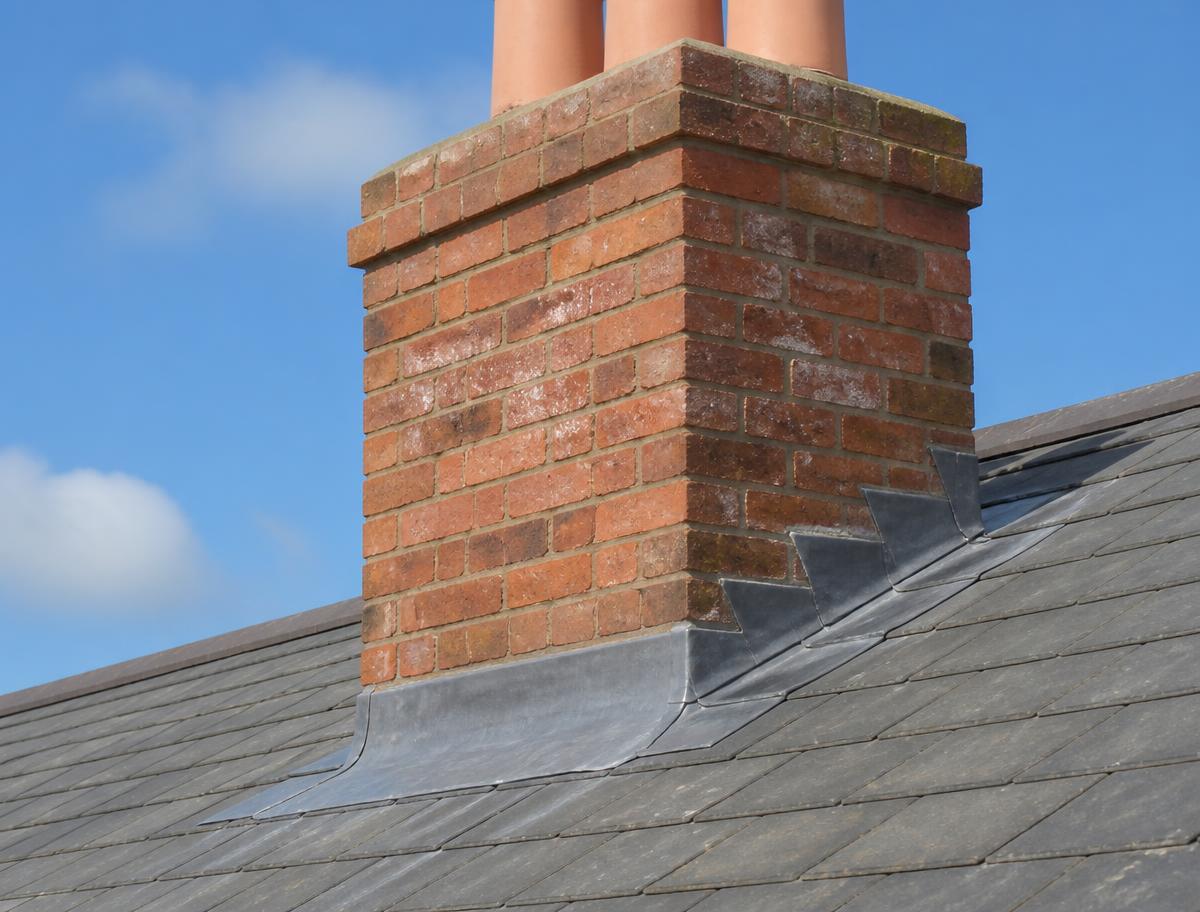 Lead flashing fitted around a chimney where it meets a slate roof