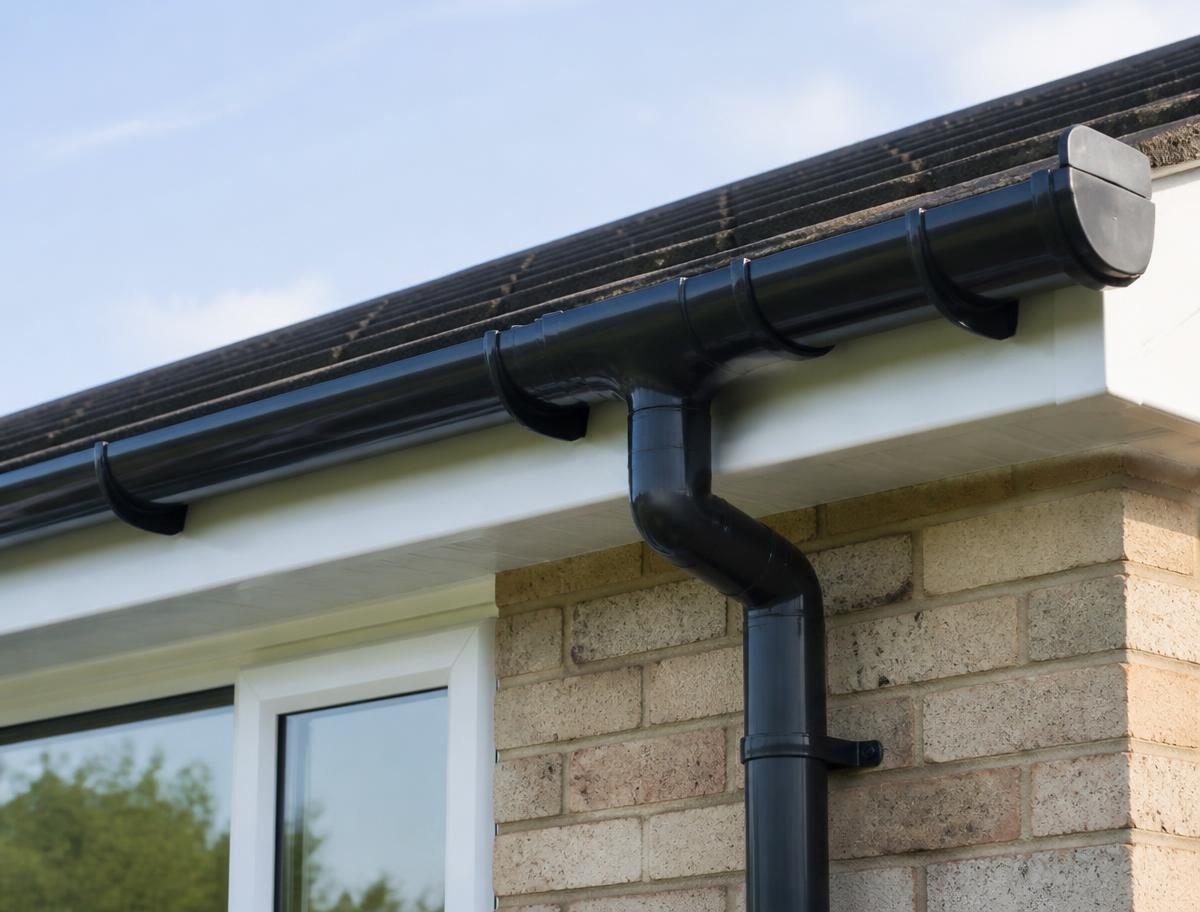 New black guttering and downpipe fitted along a house roofline