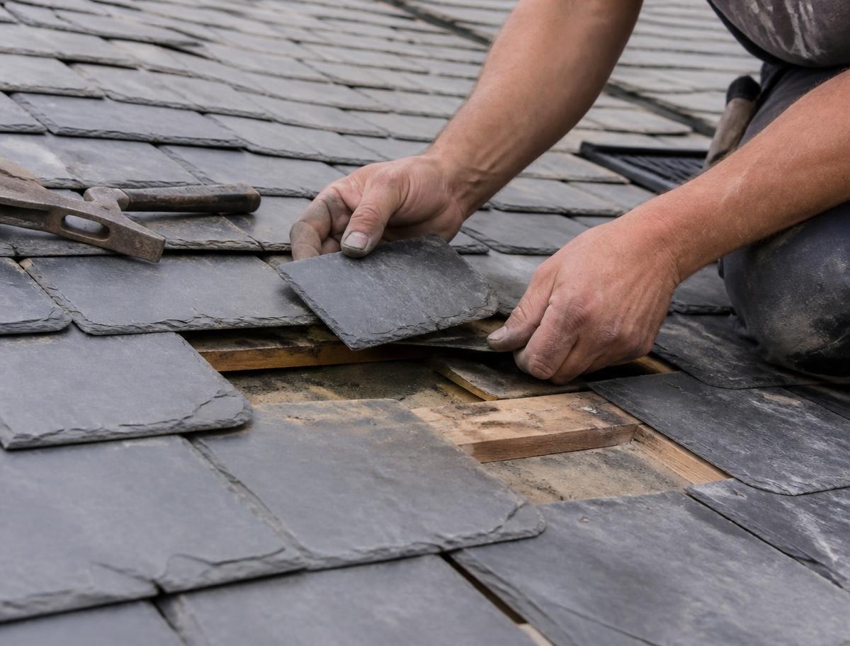 Roofer lifting a slate to repair a damaged section of roof